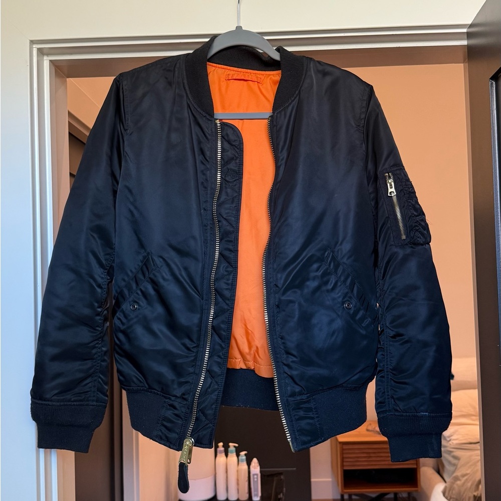 Alpha Industries Black Bomber Jacket with Orange Lining - size women’s small